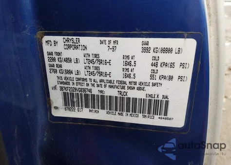 1997 Dodge Ram 2500 Ex z USA, uszkodzony, nr VIN 3B7KF23Z0VG836746